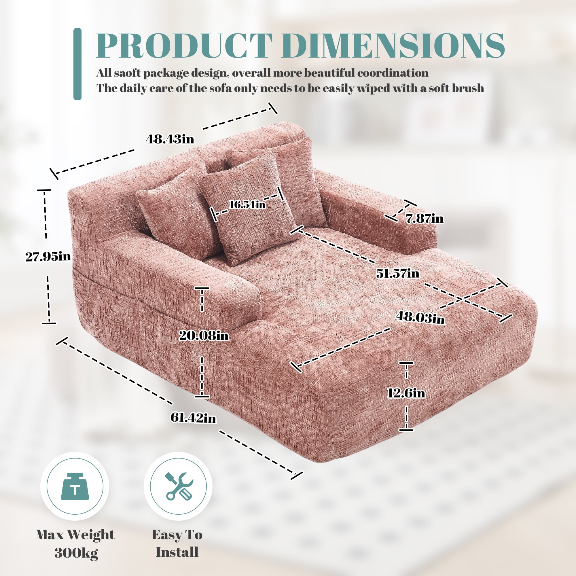 MOONMISS Chenille Upholstered Deep Seat Bean Bag Lazy Sleeping Sofa Chair with Three Pillows and Side Pocket-Pink