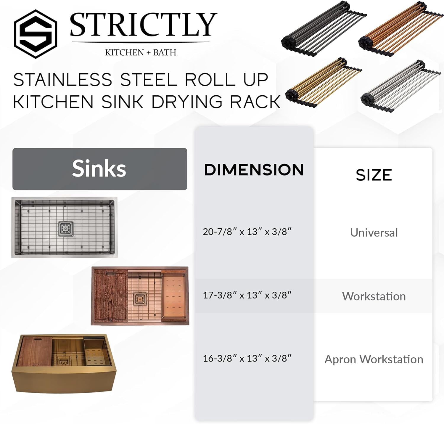 Strictly Sinks Stainless Steel Roll Up Dish Drying Rack – Gold 17 Inch Over The Sink Drying Rack Ideal for Workstation Sinks Only – Multipurpose Foldable Kitchen Dish Rack (17-3/8″ x 13″ x 3/8″)