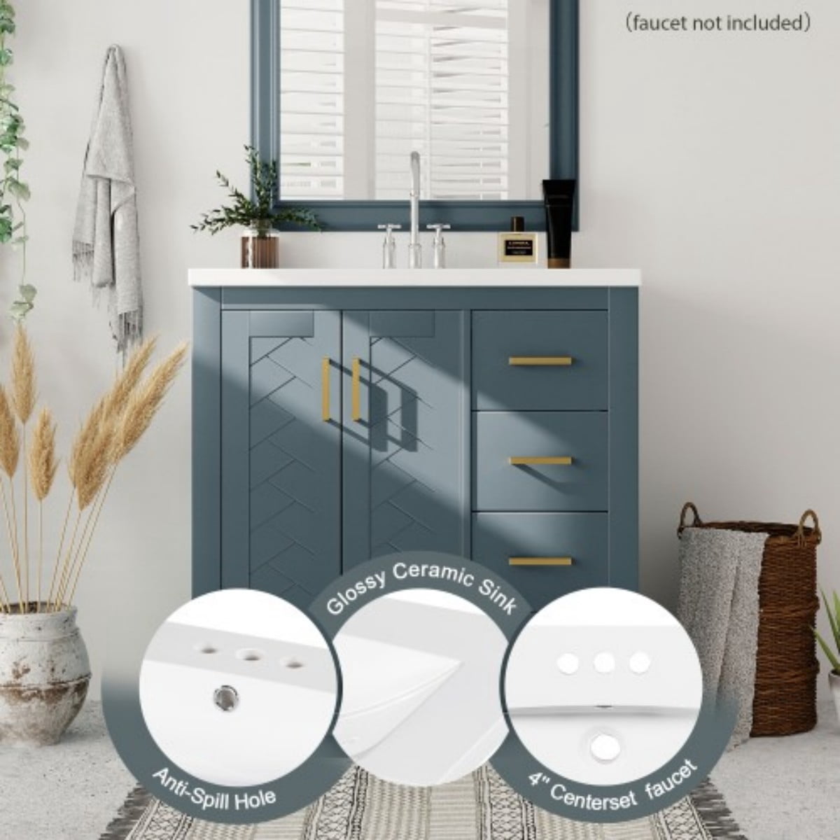 30" Bathroom Vanity with Ceramic Sink Combo, Freestanding Bathroom Vanity Cabinet with 3 Drawers, Solid Wood Frame, Retro Style, Blue