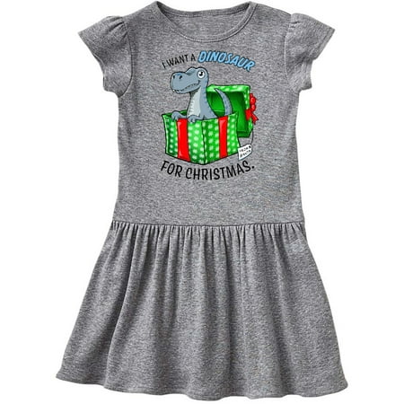 

Inktastic I Want a Dinosaur for Christmas in Green and Red Gift Box Gift Toddler Girl Dress