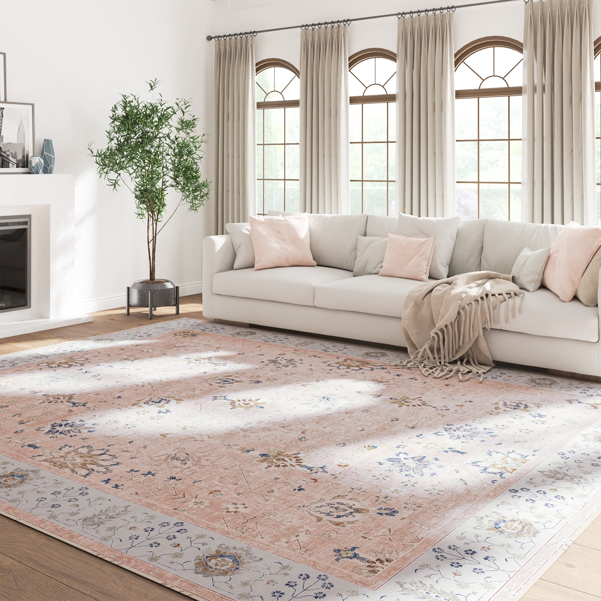 RUGKING Rugs for Living Room 6'x9' Floral Printed Pink Indoor Washable Accent Rug with non-slip backing Vintage Chenille Mat for Bedroom Dining Room