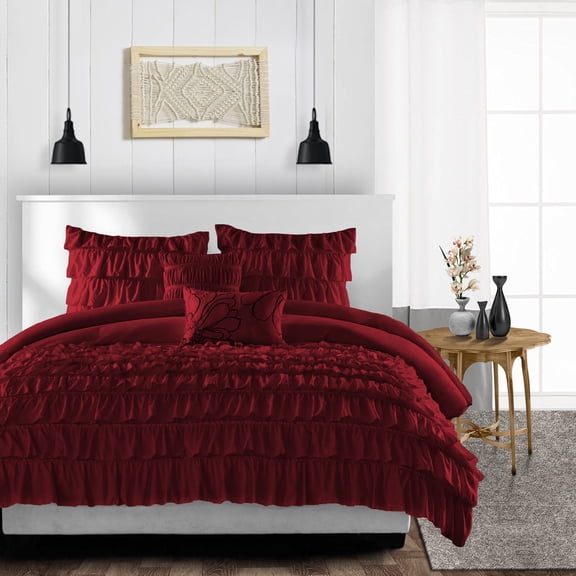 Twin/Twin XL Comforter Multi Ruffle Burgundy Luxurious Collection Microfiber Fill Duvet Insert Box Stiched Quilted Fluffy Soft All Season Comforter with Pillowcases & Premium Piping