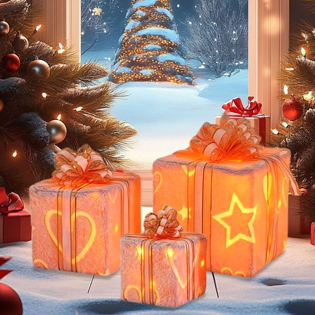 Set de 3 Cajas de Luz Led Navideñas | Caja de Regalo Multicolor con Control Remoto | Decoración para Interiores y Exteriores | Material de Pvc | 13 Cm, 20,5 Cm, 25,4 Cm | 690 G | Ideal para Bodas, Ba