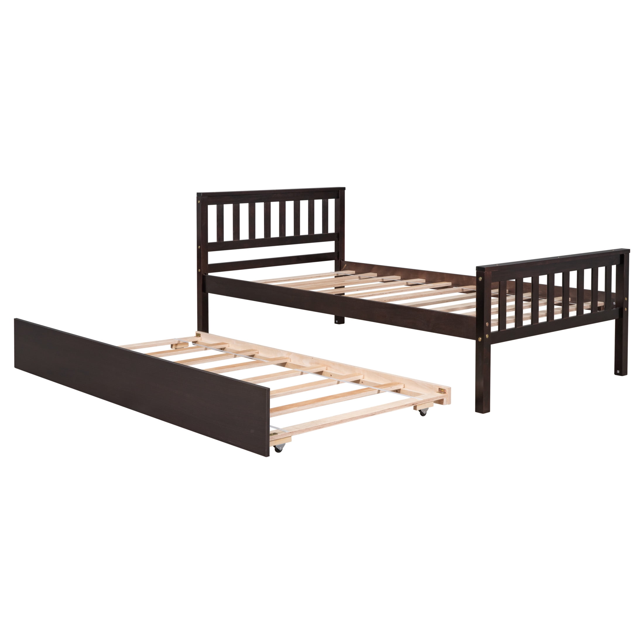 Noble House Kilby Twin Platform Bed with Pull-out Trundle, Hardside Pine Wood Bed Frame with Headboard, Espresso