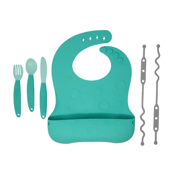 Busy Baby Silicone Toddler and Baby Bib with Food Catcher, Utensils and Utensil Straps, Spearmint