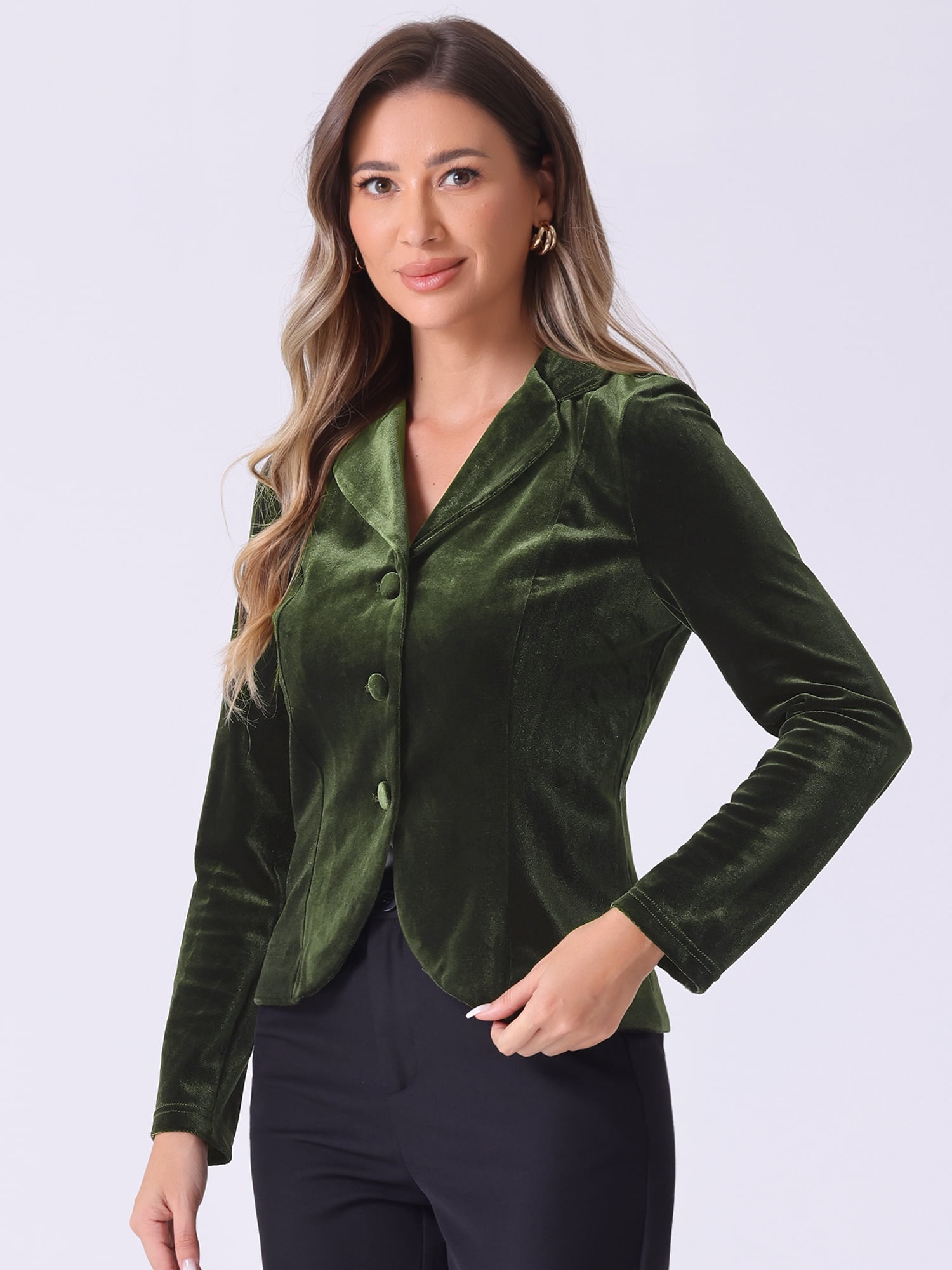 DARING DIVA Women's Notched Lapel Long Sleeve Office Velvet Blazer M Army Green