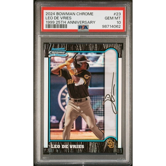 Graded 2024 Topps Bowman Chrome Leo De Vries #23 1999 25th Anniversary Rookie RC Baseball Card PSA 10 Gem Mint