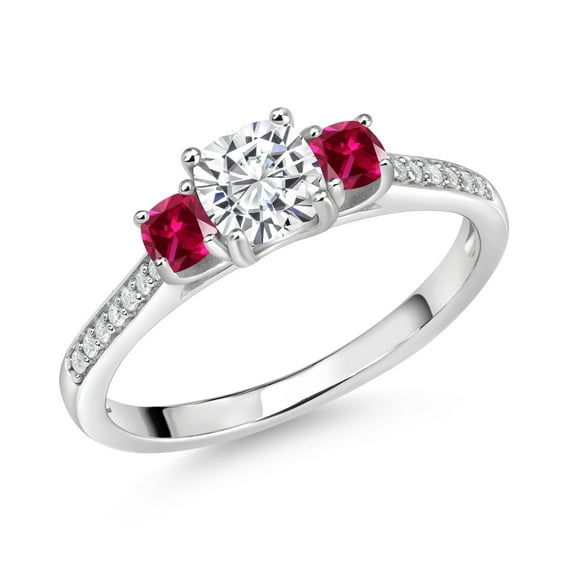 Gem Stone King 1.00 Cttw White Moissanite and Red Created Ruby Ring for Women | 925 Sterling Silver | 5MM and 3MM Cushion | Three Stone Wedding Engagement Anniversary Promise Ring (Size 6)