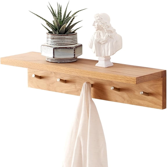 Coat Rack Shelf Wall Mounted Oak Wood Entryway Shelf with Hooks Wall Coat Hook Rack with Floating Shelf for Bedroom, Living Room, Kitchen (Natural, . )