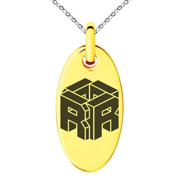 Stainless Steel Letter R Initial 3D Cube Box Monogram Engraved Small Oval Charm Pendant Necklace