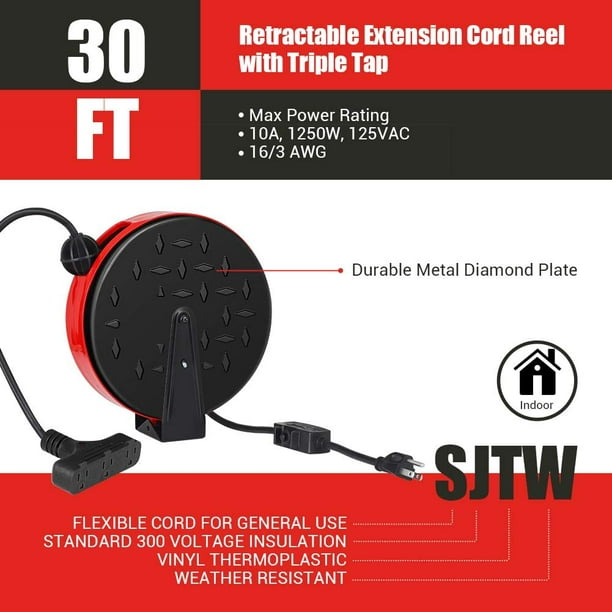 D 30 Ft Retractable Extension Cord Reel, Ceiling or Wall Mount 16/3 Gauge  SJTW Power Cord with 3 Electrical Outlets Pigtail for Garage and Shop, 10  Amp Circuit Breaker, Metal Plate, ETL Listed 