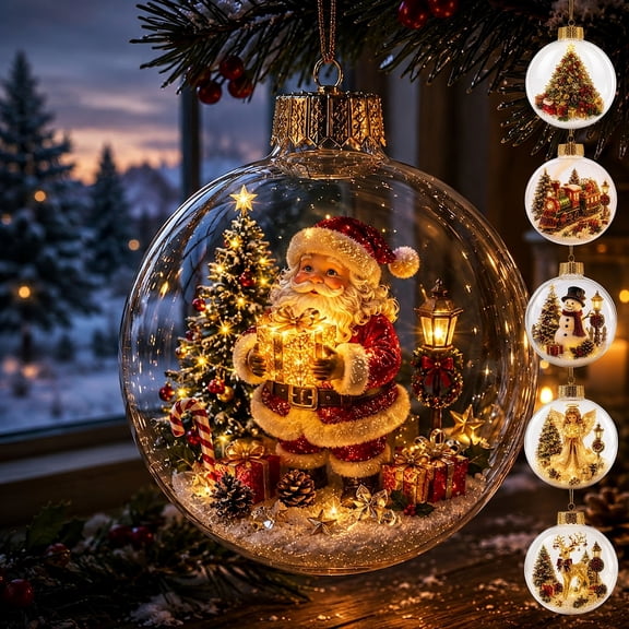 PYURTEP Christmas Ball Ornaments 4 inch, Transparent Light‑Up Hanging Ornament with Santa Claus, Decorative Ball for Xmas Tree Christmas Decor Gift