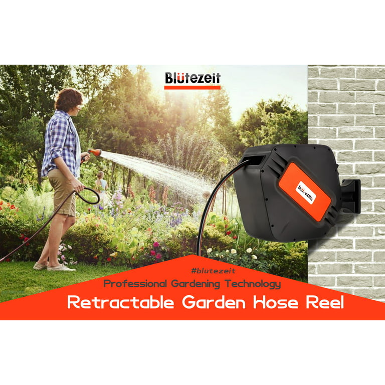 Retractable Garden Hose Reel with 100FT Water Hose, Wall Mount & 180°Swivel Bracket - 100FT water hose - Orange & Black