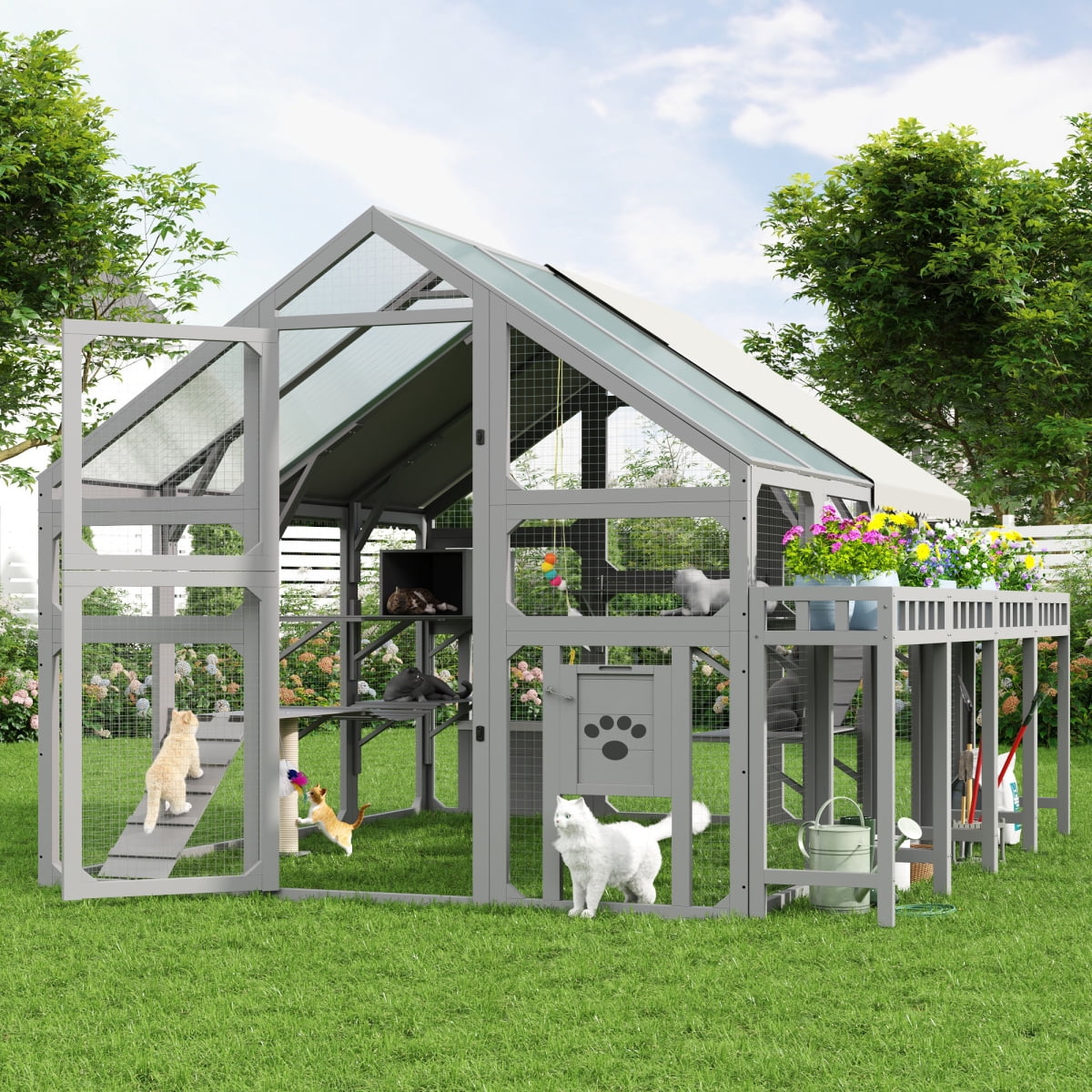Large Outdoor Cat House with Planter Stand, Wooden Cat Enclosure with Resting Boxes and Hanging Bridge, Walk-in Catio Cage with Waterproof Cover, Gray,Ships 2 Pkgs