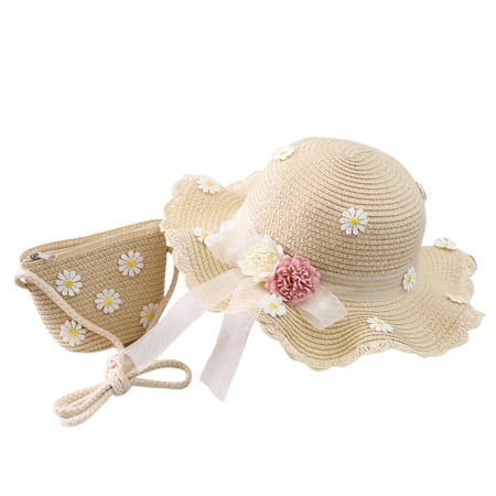 

Relanfenk Baby Hats Children Girl Summer Sunscreen Sunshade Straw Beach Sun + Straw Bag Hat