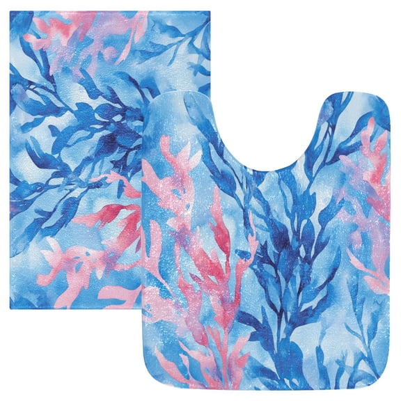 2 Piece Soft Bathroom Rug Set Watercolor Kelp Pattern Bath Mat and U-Shaped Toilet Contour Rug (16"x24" 20"x24")