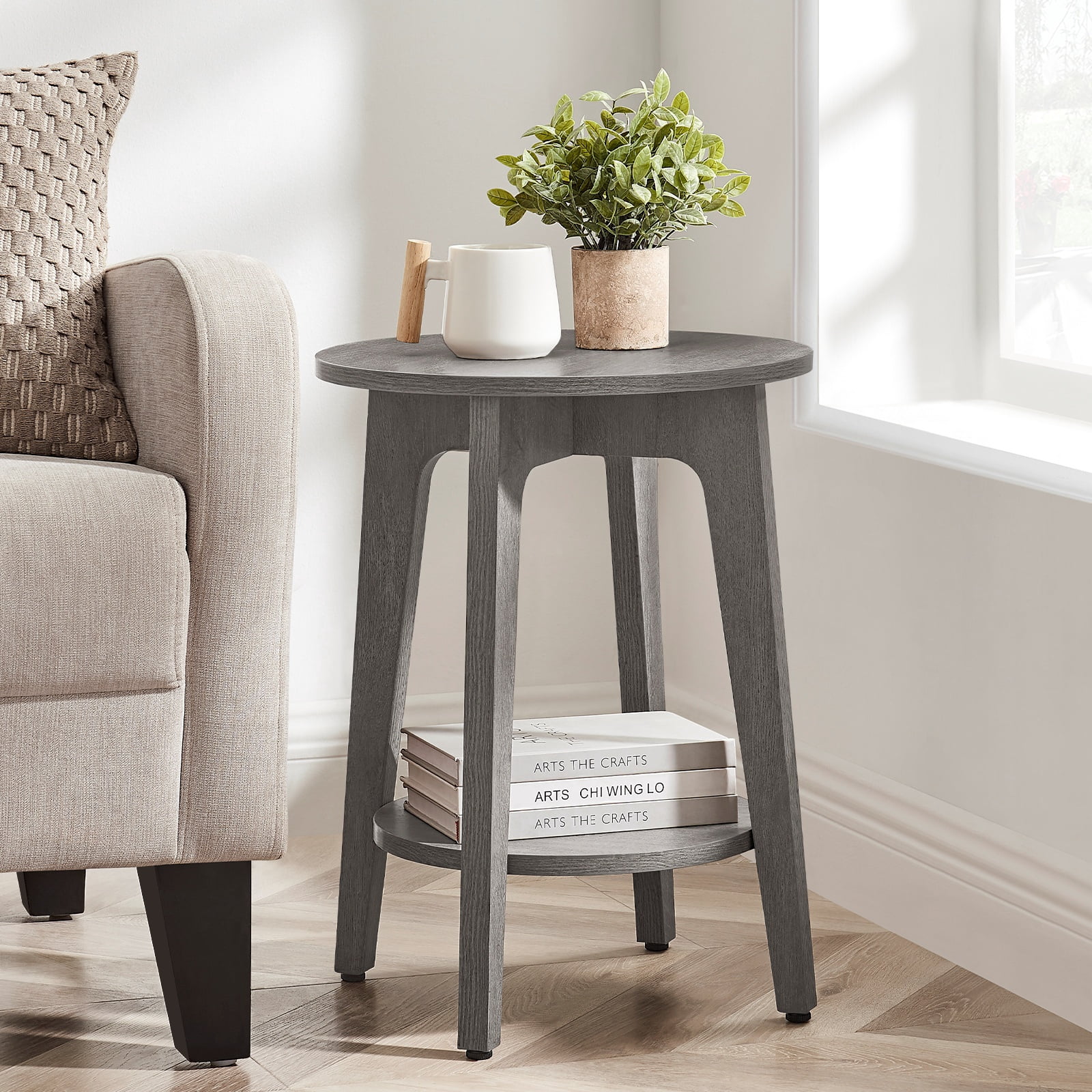 Round End Table Farmhouse Small Side Table Living Room Corner Table Drink Table Smoky Gray