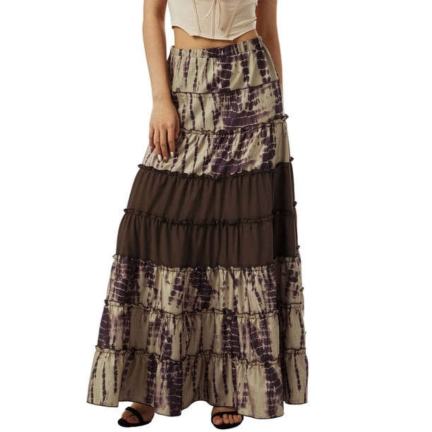 Falda larga de estilo retro para mujer Sunloudy, falda con volantes y estampado teñido con cintura elástica para damas, negro / marrón / verde Sunloudy moda