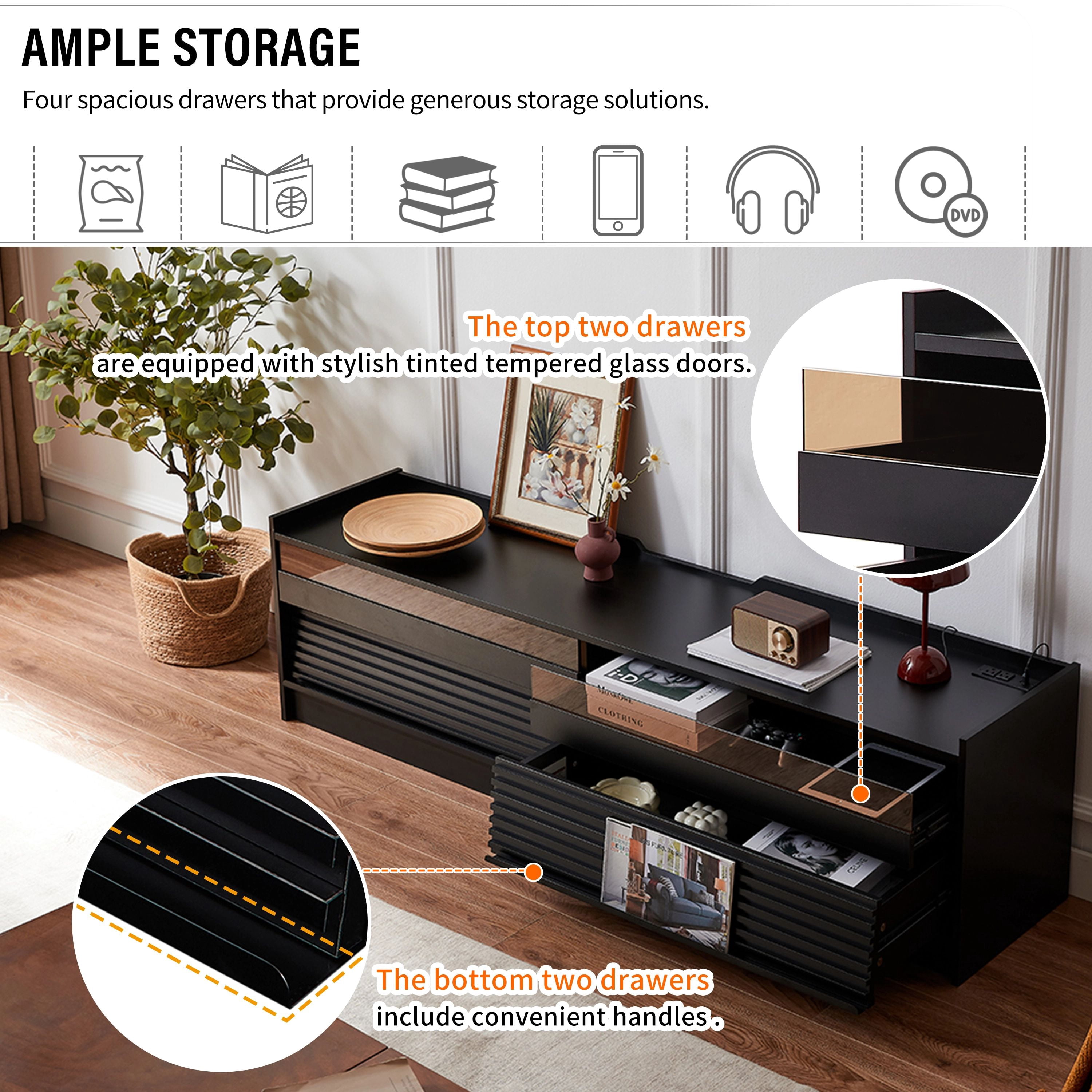 Euroco 68.9" TV Stand for TVs up to 79 Inches,Wood TV Cabinet with 4 Drawers,Tempered Glass,LED Lights & Charging Station,Modern Entertainment Center for Living Room,Black