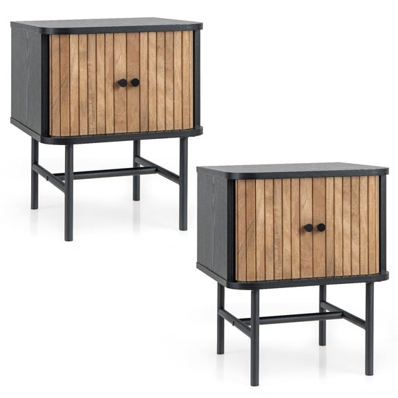 2 PCS Sliding Door Sturdy Nightstand Mid-century Modern End Table w/Cabinet Black