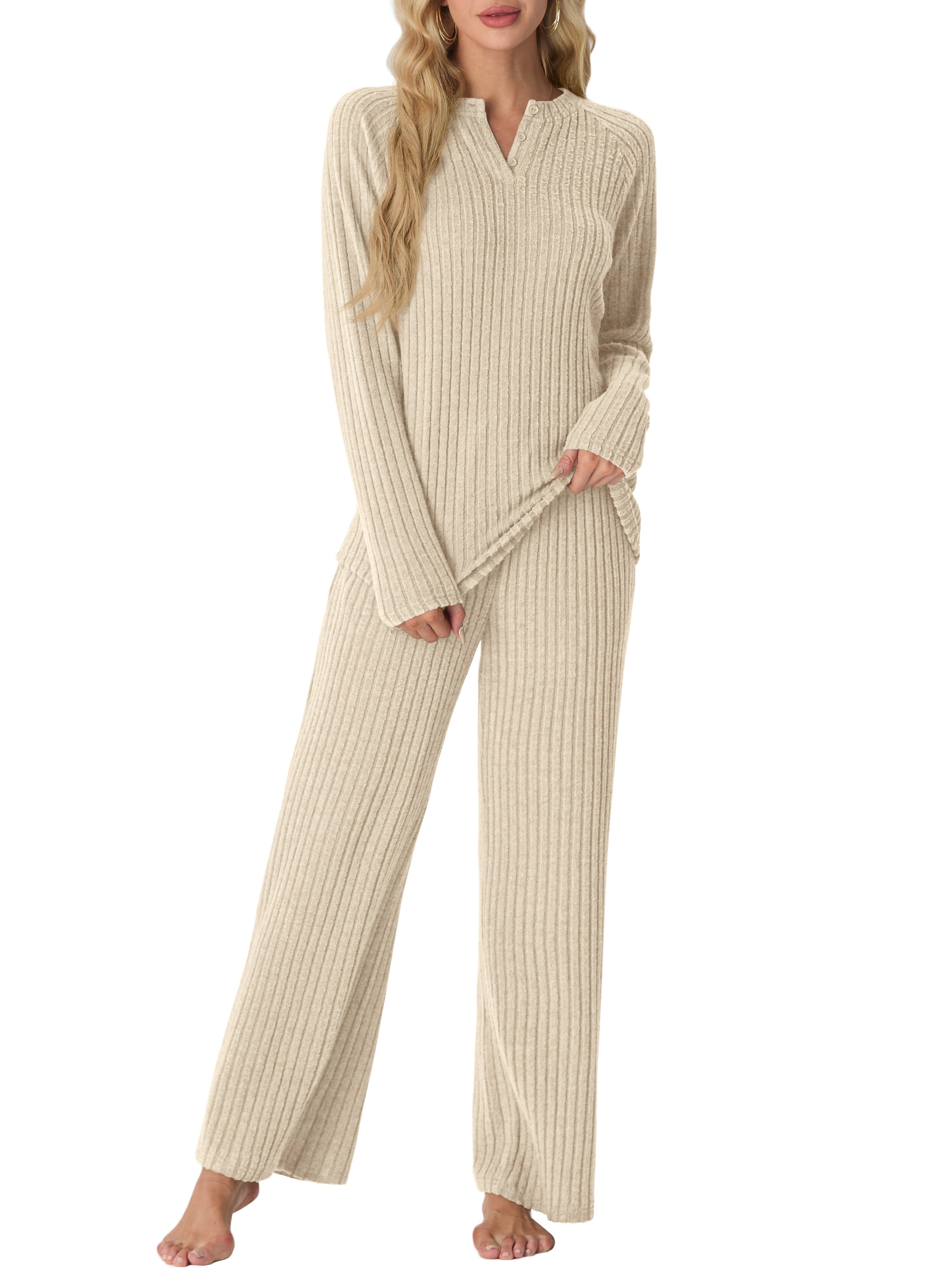 BEKOFO Women's Ribbed Knit Pajama Set – Button Down Top & Pants With Pockets, Cozy Lounge Wear - View #8