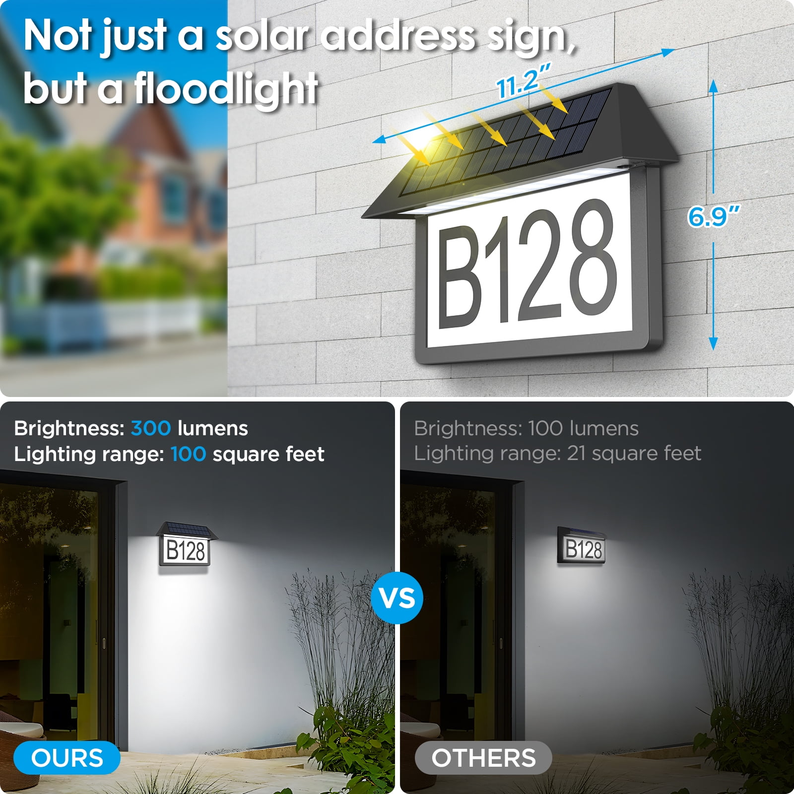 1 PACK Solar Address Sign, House Numbers Sign for Outside 3 Color Temperature, High Brightness Address Numbers 300LM, Wall Mounted waterproof for Home Yard Street