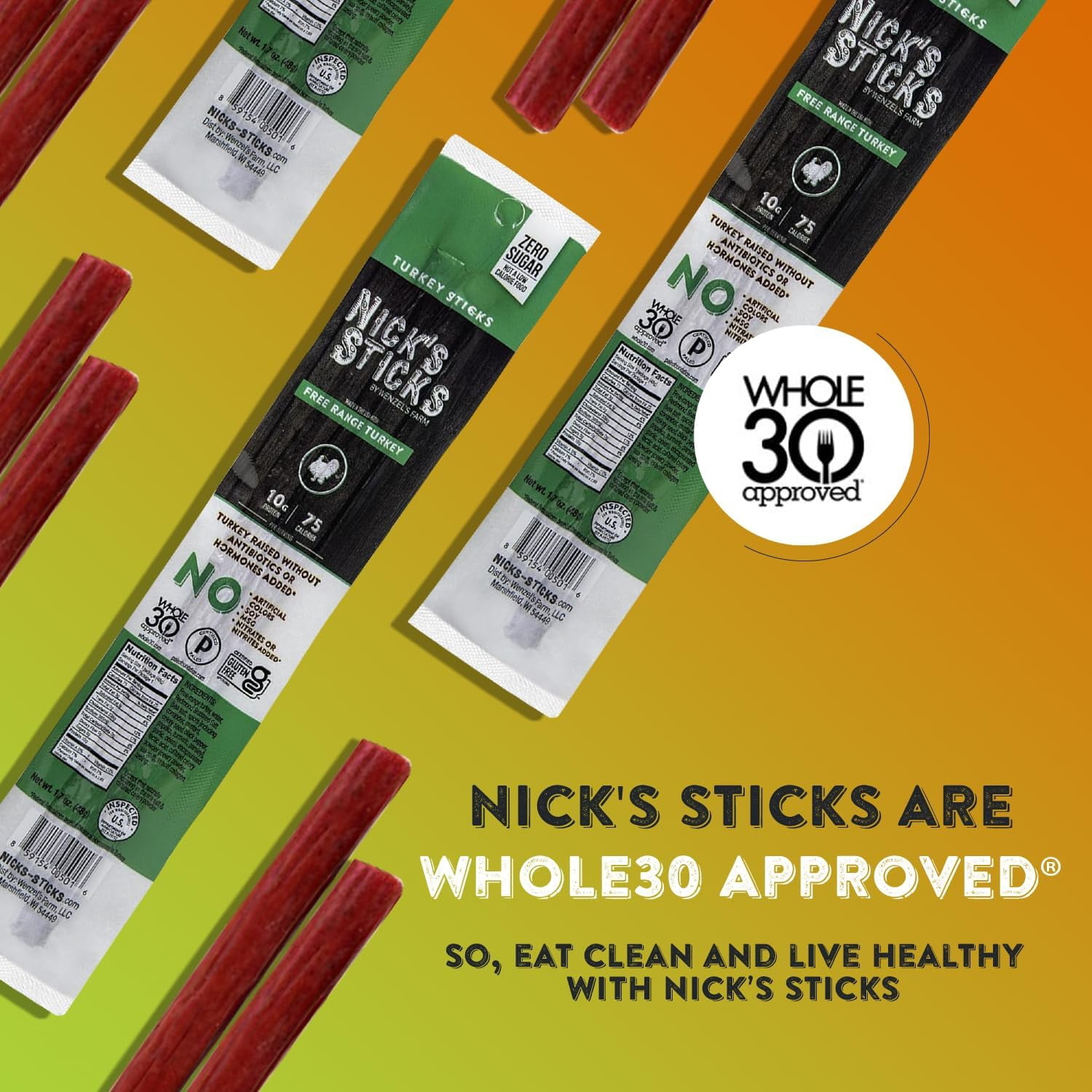 Nick’s Sticks Free-Range Turkey Snack Sticks, Gluten Free, Keto Certified, Paleo and Whole30 Approved, No MSG, High Protein Low Carb, 25 Twin Packs (1.7 oz each)