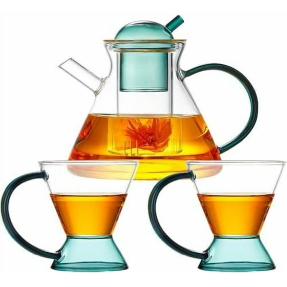 Glass Tea Pot Set Teapot Borosilicate Full-Glass Tea Kettle With Infuser Clear Teapot, Tea Strainer and 2 Elegant Teacups, for Loose Leaf Blooming Tea$$Home Decor, Kitchen, & Other