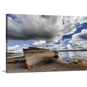 Great BIG Canvas | "Weathered Boats Abandoned At The Water's Edge; Salem Isle Of Mull, Scotland" Canvas Wall Art - 30x20