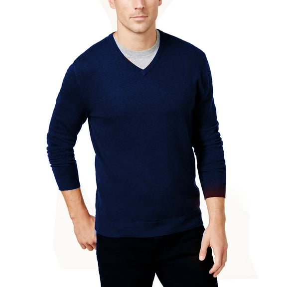 Alfani Men’s Solid V-Neck Cotton Sweater (Navy, Small)