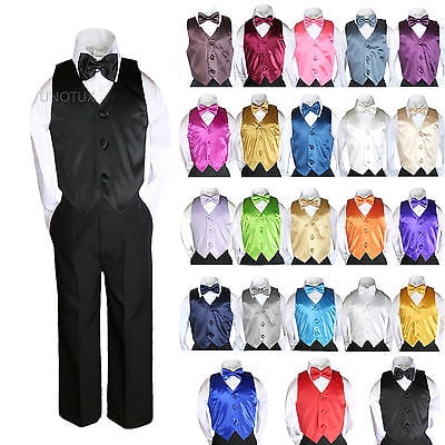 

6pc Formal Baby Boy Toddler Black Vest Bow Tie Suit Outfit w/ Color Vest Set S-7