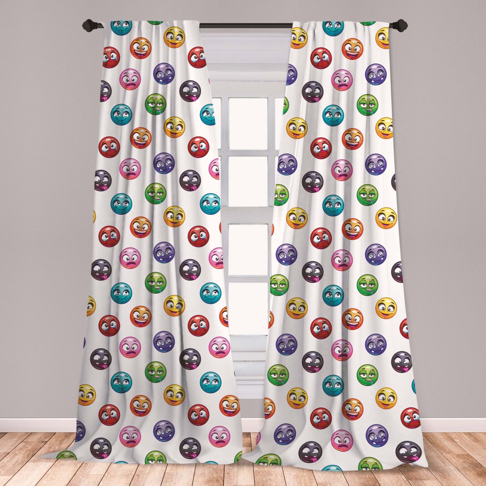 Emoji Curtains 2 Panels Set, Cartoon Faces in Different Colors and ...