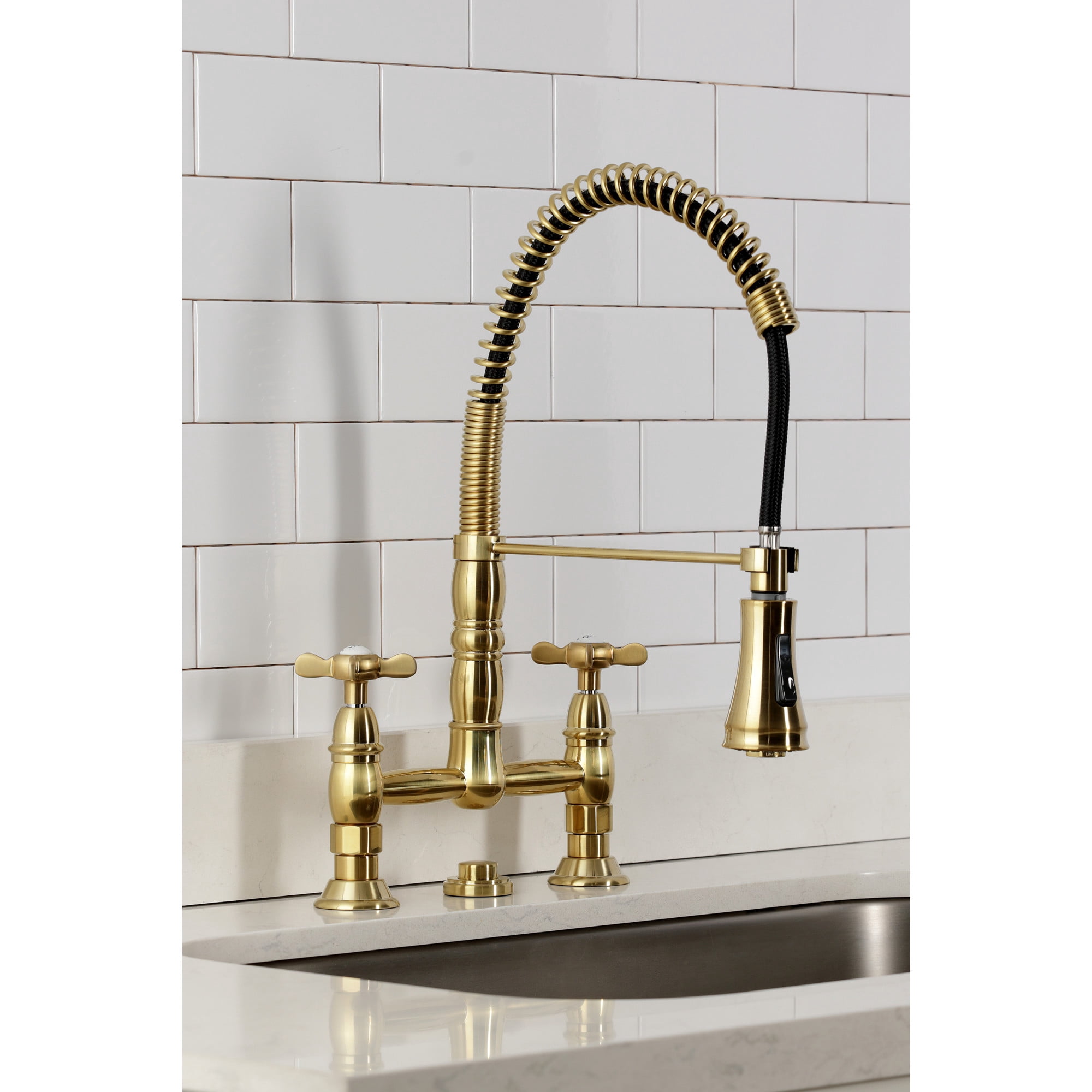 Kingston Brass GS1277BEX Essex Double-Handle 2-Hole Deck-Mount Pre-Rinse Bridge Kitchen Faucet in Brushed Brass