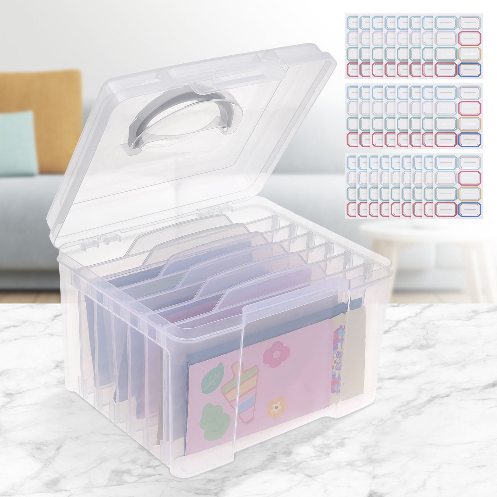 Wekvgz Greeting Card Storage Box Photo Organizer with 6 Removable Adjustable Dividers and Stickers for Photos Crafts Scrapbooking