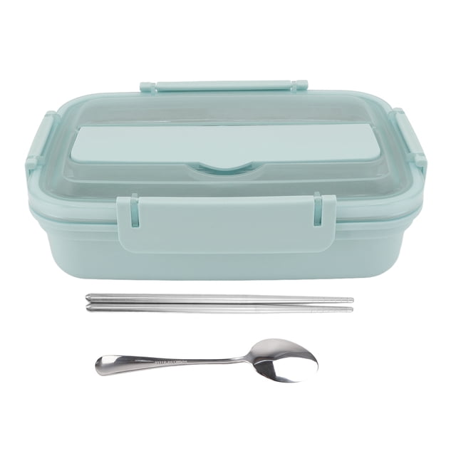Lunch Box 3 Compartments 304 Stainless Steel Plastic Matching Spoon Chopsticks Portable Lunch Containers for Office Blue