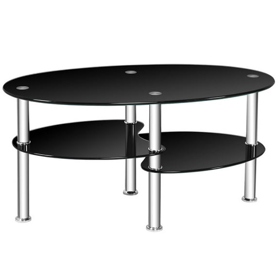 Yardi Yard Tempered Glass Oval Side Coffee Table-Black, Brand New Tempered Glass Table, Smooth Oval Design, 2 Shelves, Ideal for Living Room Storage