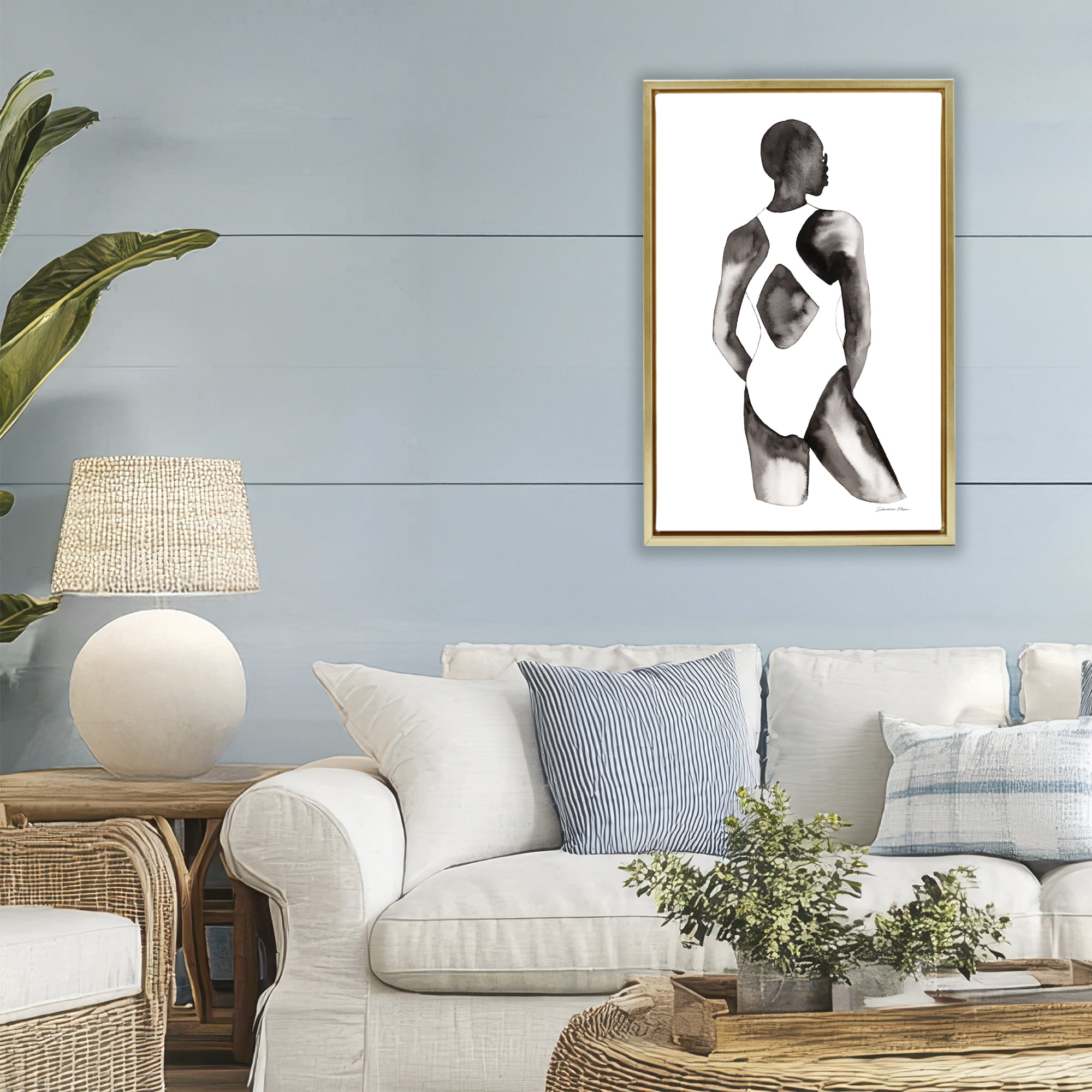 Stupell Industries Beach Day Swimsuit Silhouette Gold Framed Floater Canvas Wall Art, design by Simone Elum