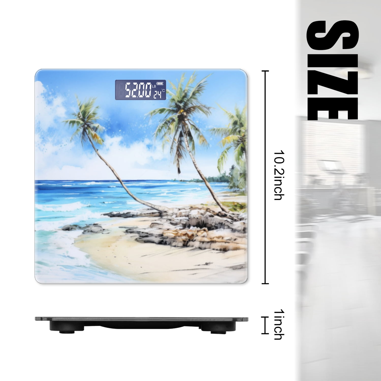 Bathroom Scale, Highly Accurate Digital Body Scale,Precisely Measures Weight up to 400 lbs-Watercolor Beach Scene With Palm Trees And Waves
