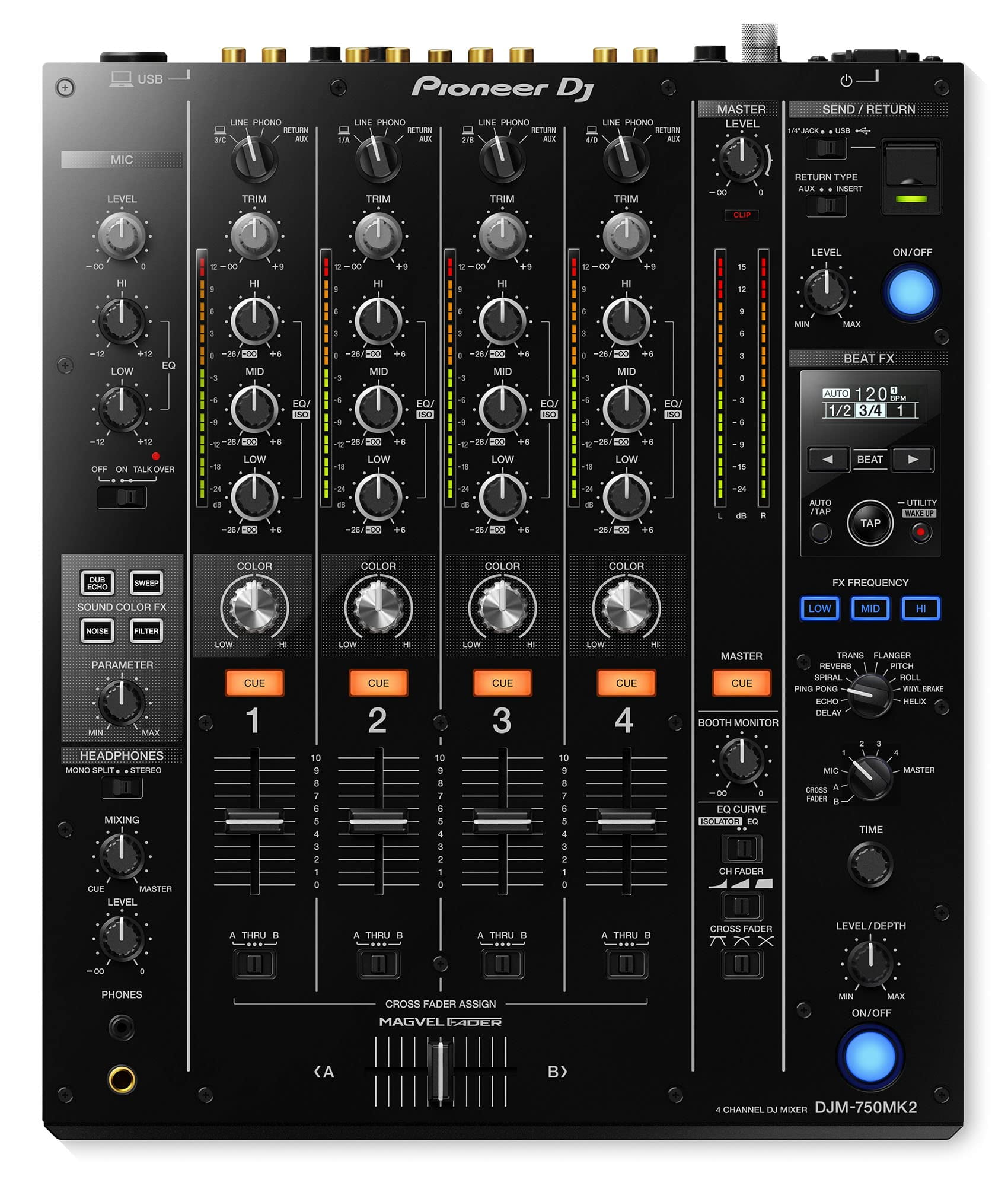 Pioneer DJM-750MK2 4-Channel DJ Mixer - Bundle with TRS Cable, 2 XLR Cables, and Austin Bazaar Polishing Cloth