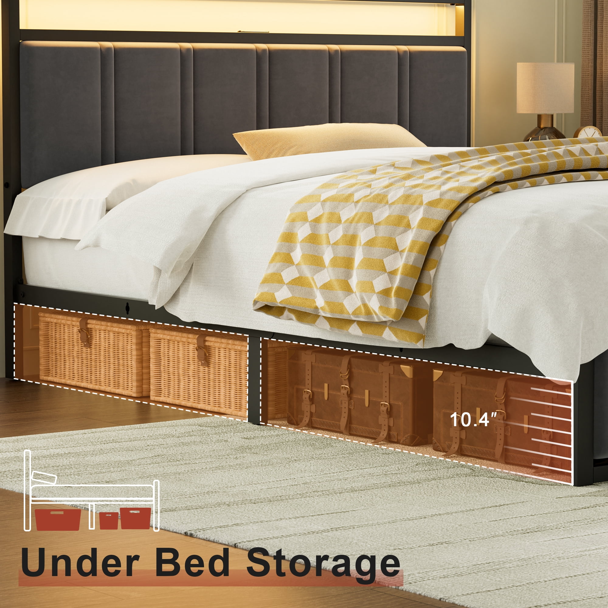 GUNAITO King Bed Frame with Headboard, Platform Bed with 2 Drawers, Velvet Upholstered Bed Frame with LED Lights & Charging station，Dark Grey