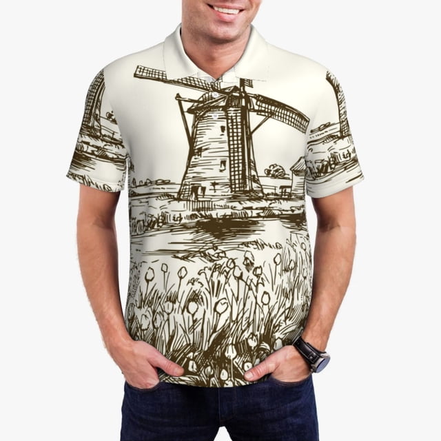 Balery Dutch Windmill Camisa Polo de Hombre con Estampado, de Manga Corta y Tejido Medio, Camisa Tipo Golf Polo-X-Large