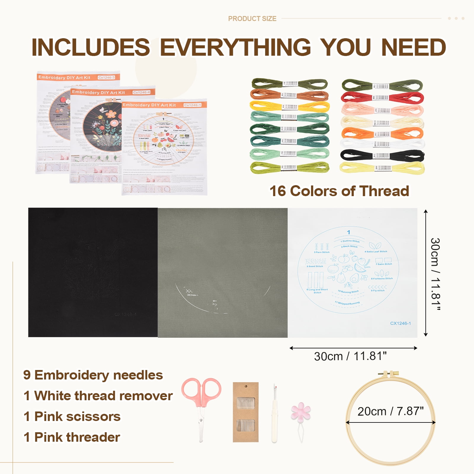 3 Pack Embroidery Kit for Beginners, Cross Stitch Kits with Stamped Practice Flowers Patterns with 20cm Hoop & Colorful Threads for Adults DIY Craft Supplies