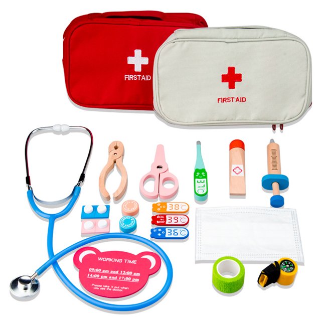15PCS Doctor Nurse Dentist Pretend Roles Play Toy Set Kids Game Gift, Wooden Children's Outdoor Simulation First aid Kit