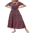 thumbnail image 1 of Femmes Bouton vers le Bas Midi Robe Manches Courtes Robe de Soleil Imprimé Floral Cravate Bohème une Pièce Vin Rouge M, 1 of 5