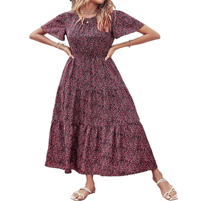 Femmes Bouton vers le Bas Midi Robe Manches Courtes Robe de Soleil Imprimé Floral Cravate Bohème une Pièce Vin Rouge M