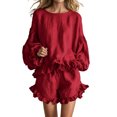 thumbnail image 2 of Cagogo Women's Plus Size 2 Piece Outfits Round Neck Puff Sleeve Blouse Crop Top Elastic Waisted Shorts Casual Set Loose Solid Boho Vacation Travel Clothes, Red S, 2 of 5