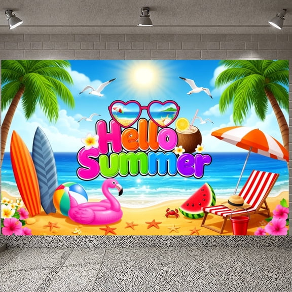 Colorful Typography Hello Summer Banner Tropical Style Beach Display Palm Tree  Flamingo Pattern Coastal Background for Beach Party Pool Gathering Outdoor Celebration