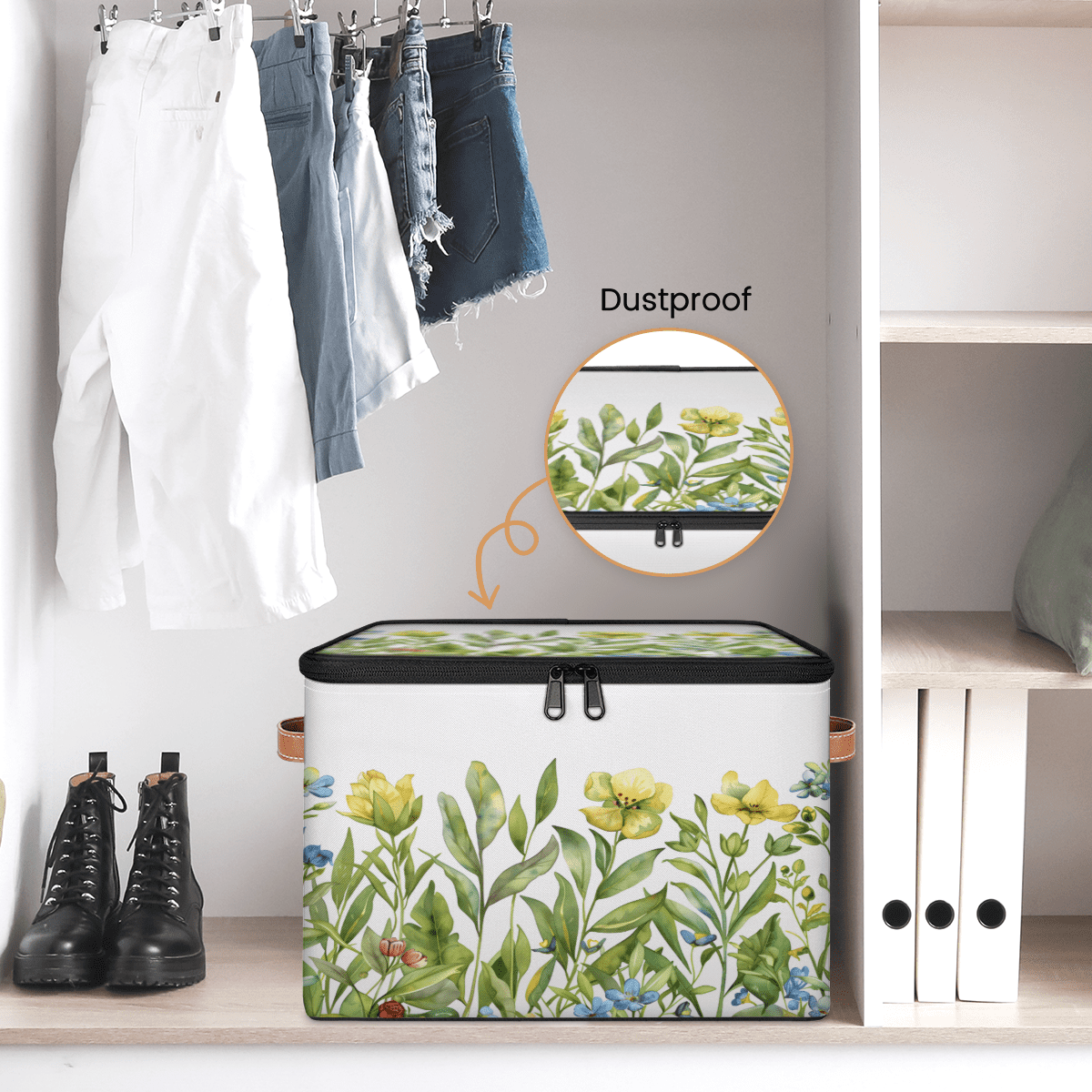 CURLYOOT Spring Floral Fabric Storage Bins with Lids, Watercolor Garden Flower Green Leaves Plants Foldable Storage Boxes Washable Storage Cube, Closet Bedroom Home Organizer Containers