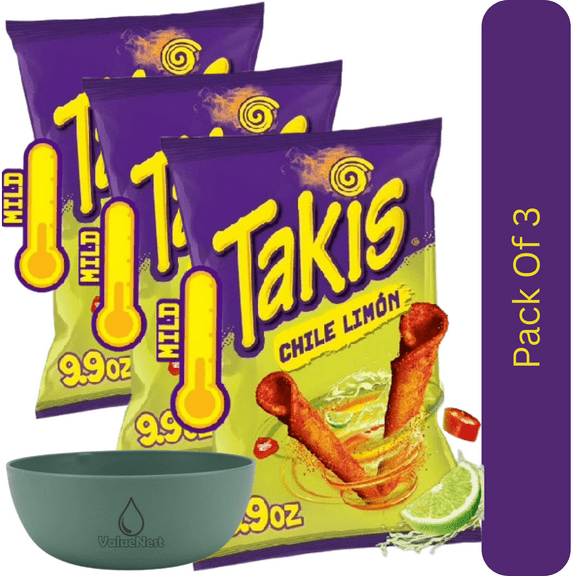 Takis Chile Limon Rolled Chips, Hot Chili & Tangy Lime Snack, 9.9 oz Bag With Olive Green Bowl By ValueNest