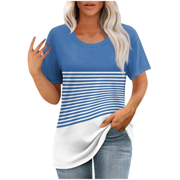 TKLPEHG Short Sleeve Tshirt for Women Comfy Crew Neck Pleated Tunic Tops Fashion Print Casual Loose Blouses (Blue,L)